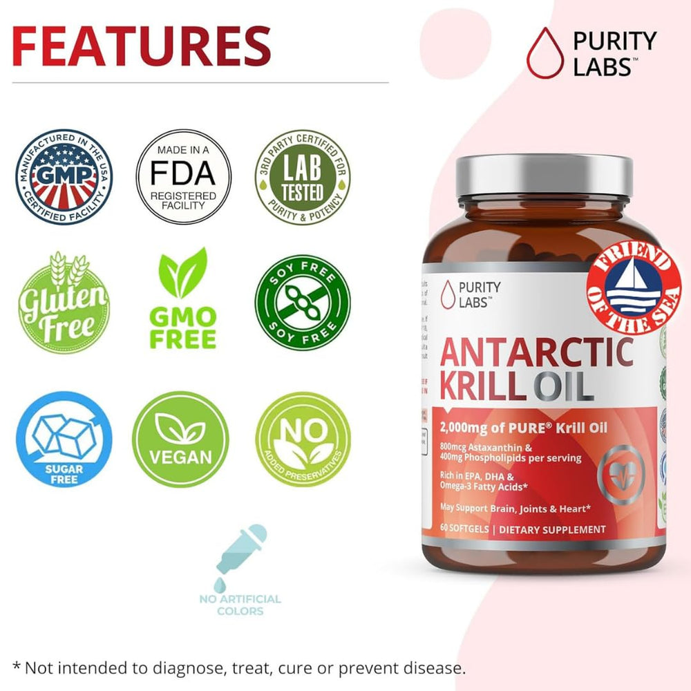 Non-GMO and gluten-free Purity Labs Krill Oil labeling