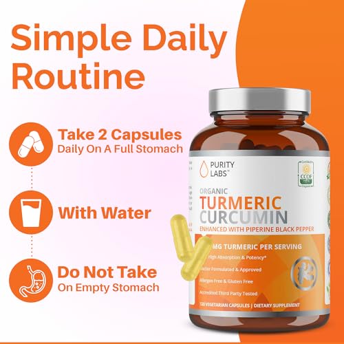 Close-up of Purity Labs turmeric-curcumin capsules