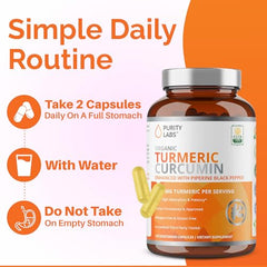Close-up of Purity Labs turmeric-curcumin capsules