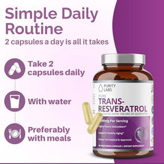 90-capsule bottle of Purity Labs Trans-Resveratrol supplement