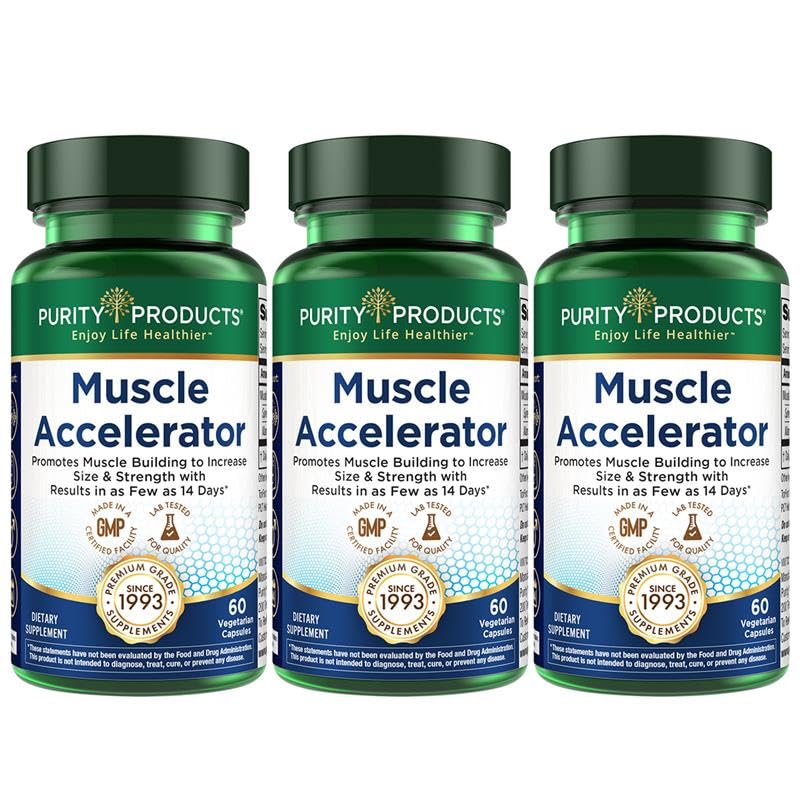 Purity Muscle Accelerator bottle displaying label with 60 vegan capsules