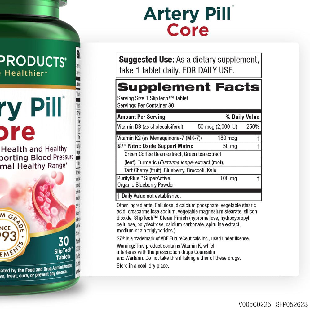 Purity Products Artery Pill Core label highlights key ingredients for cardiovascular support.