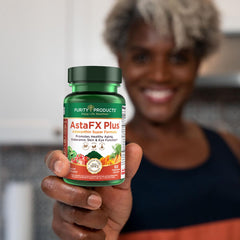 Purity Products AstaFX Plus label detail highlights 25% more astaxanthin potency.