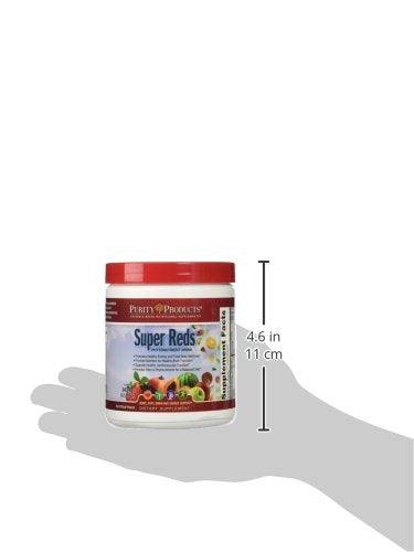 Purity Products Super Reds shake in glass suggests quick morning energy boost.