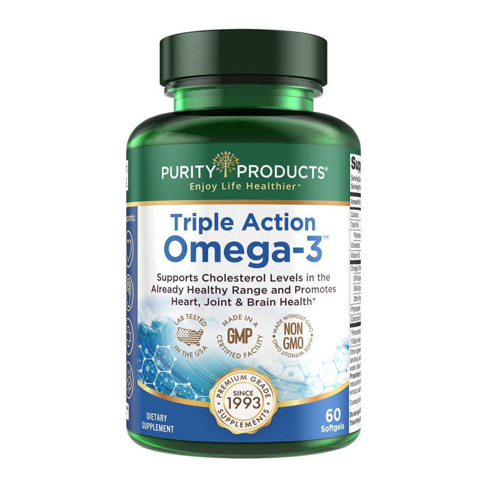Purity Products Triple Action Omega-3 softgel bottle for convenient daily omega-3 support