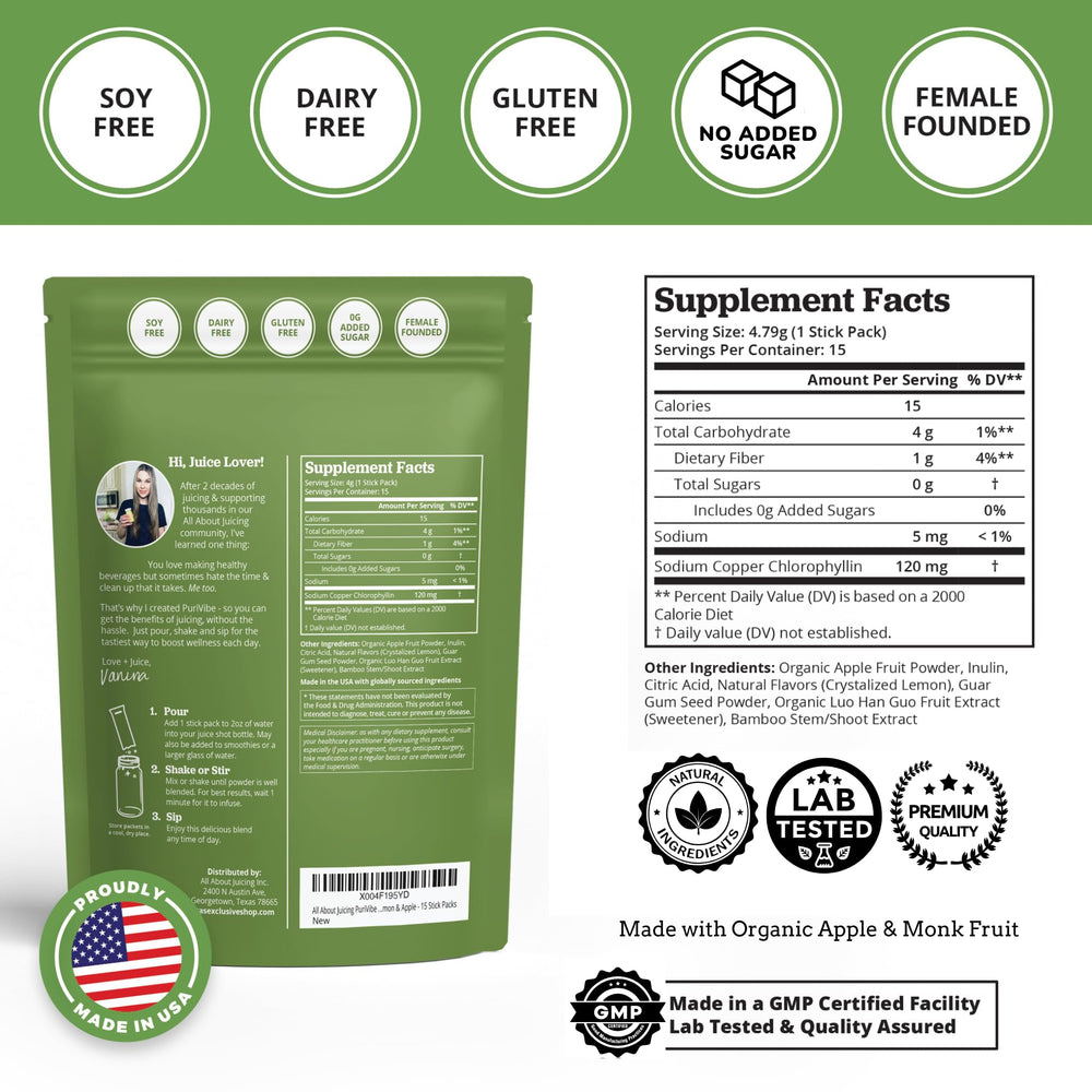 Close-up of chlorophyll lemonade blend stick pack