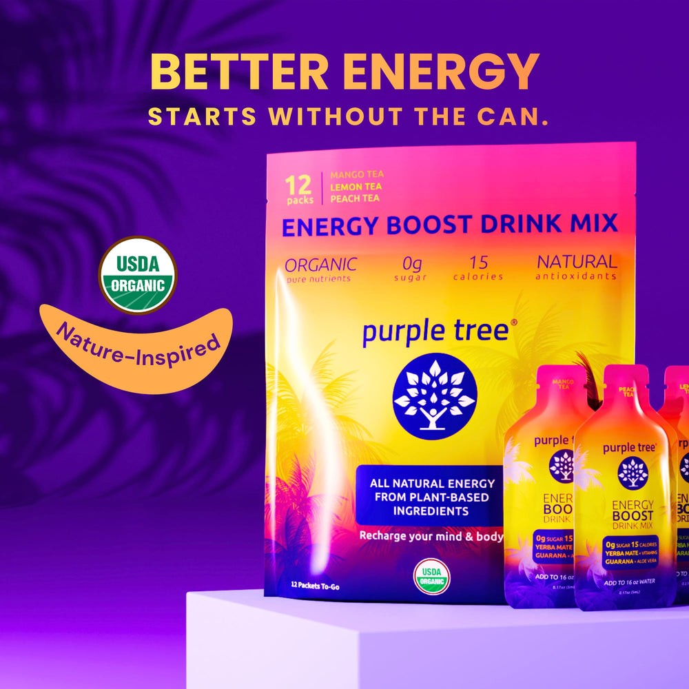 Purple Tree energy stick stirred into water for smooth, crash-free energy.