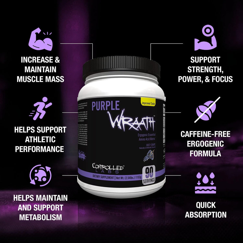 Purple Wraath Juicy Grape label closeup highlighting endurance-support formula and essential amino acids.