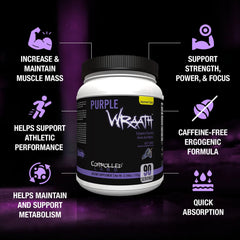 Purple Wraath Juicy Grape label closeup highlighting endurance-support formula and essential amino acids.
