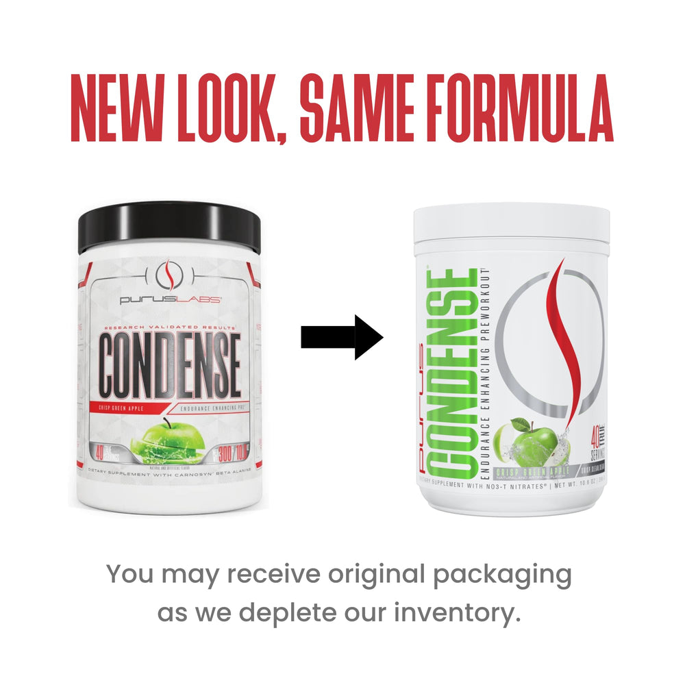 Purus Labs Condense bottle pouring for on-the-go energy before training.