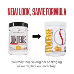 Purus Labs Condense orange bottle side view highlights Juicy Florida Orange flavor for refreshing workouts.