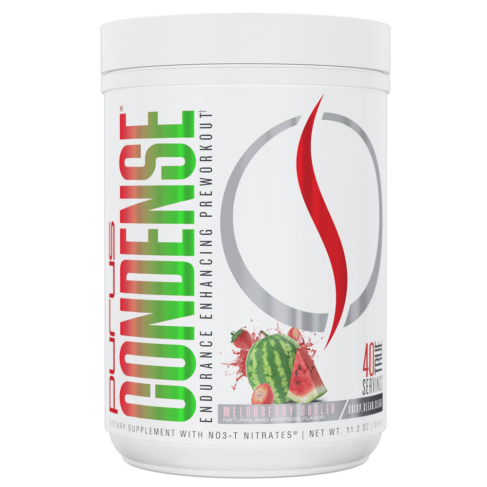 Purus Labs Condense can front showing Melonberry Cooler pre-workout energy boost
