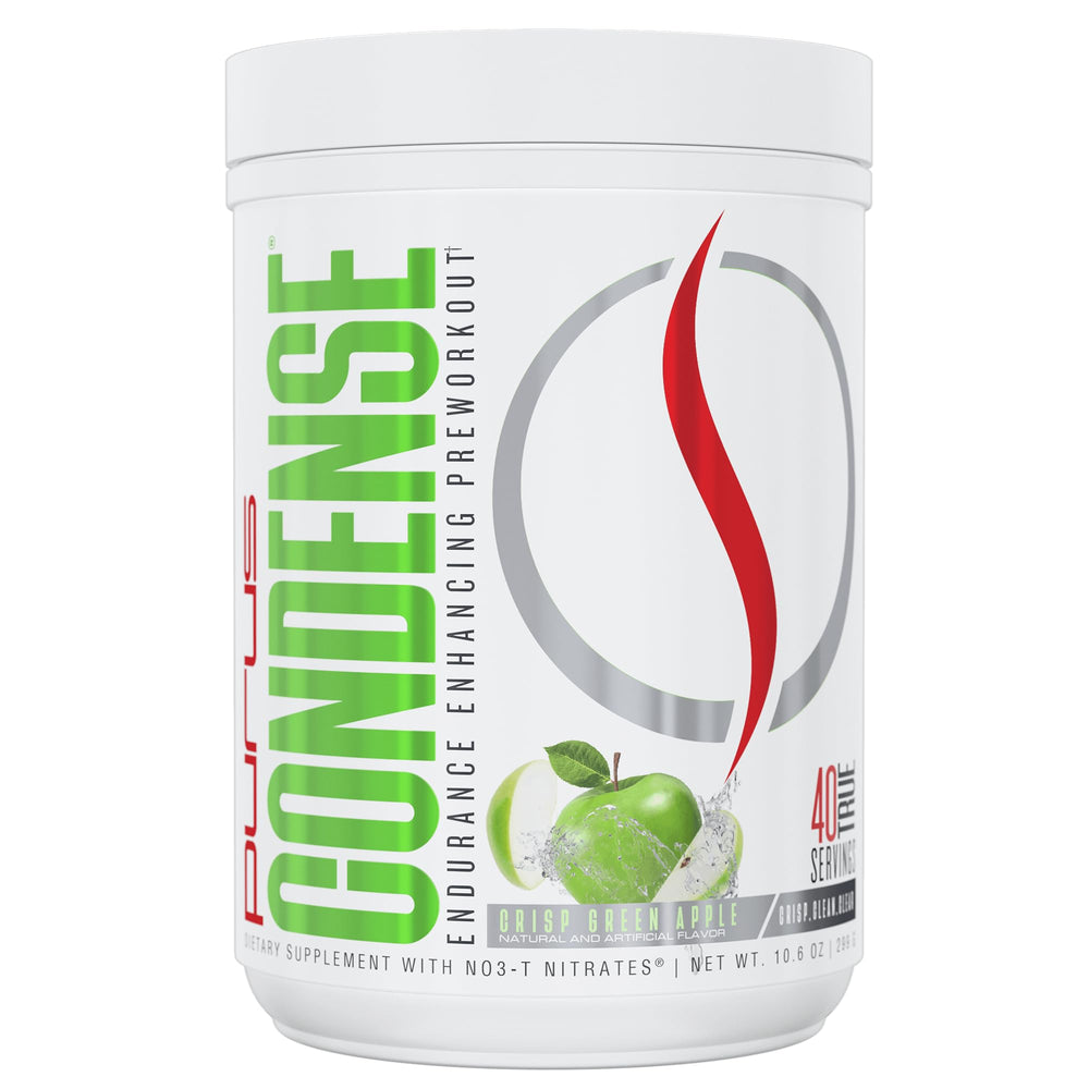 Purus Labs Condense preworkout tub front for focused workouts.