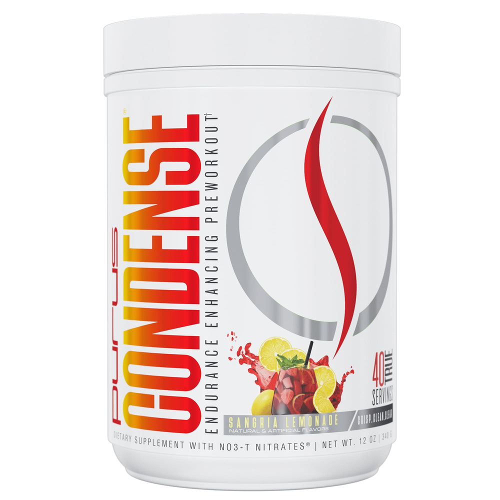 Purus Labs CONDENSE preworkout tub front shows clean energy for workouts.