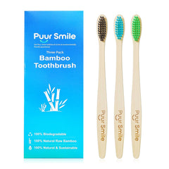 PuurSmile Bamboo Toothbrush 3-pack with natural wood finish