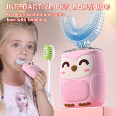 Angled view of PVOGRT Kids U-shaped toothbrush pink