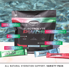 PWDRS Electrolytes packets close-up showing zero added sugar and quality ingredients.