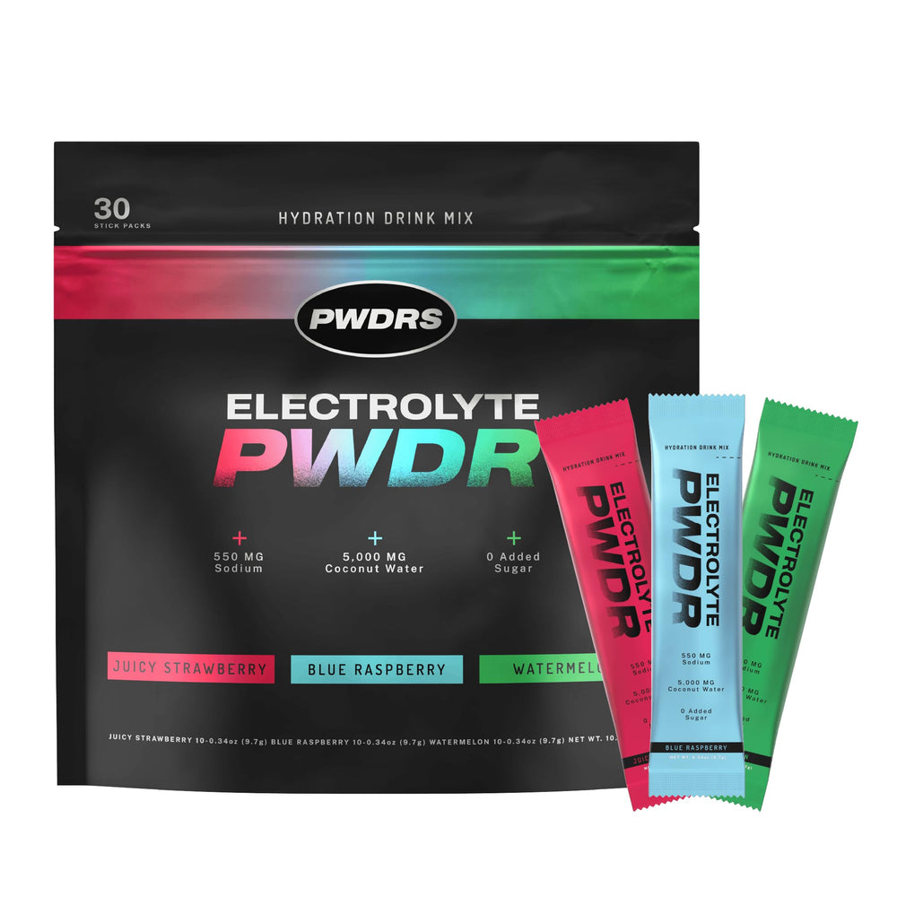 PWDRS Electrolytes sticks front view for on-the-go hydration.