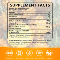 Gummies on display showing pineapple flavor and vegan seal