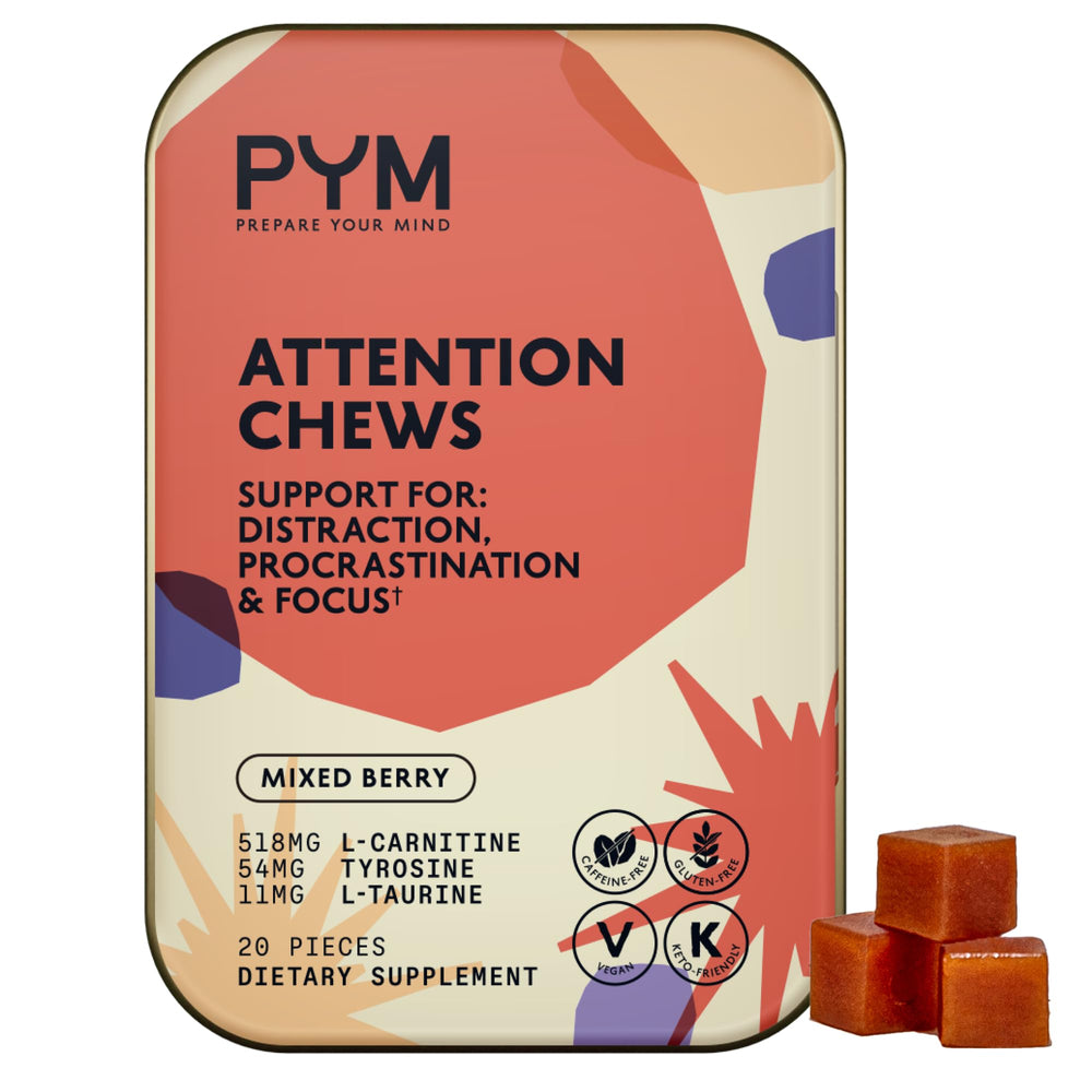 Front packaging of PYM Attention Chews in mixed berry flavor