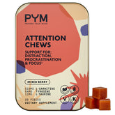 Front packaging of PYM Attention Chews in mixed berry flavor