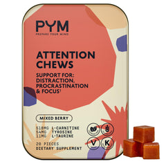 Front packaging of PYM Attention Chews in mixed berry flavor