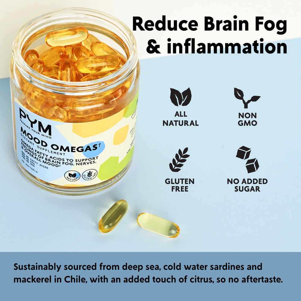 Close-up of Mood Omegas capsules