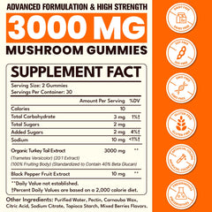 Close-up of gummies showing 40% beta-glucan and 3000 mg extract