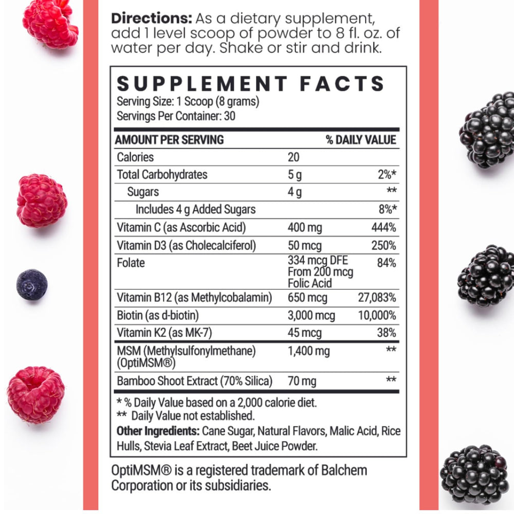 Back view of the MSM + Biotin Hair Nutrient Blend packaging