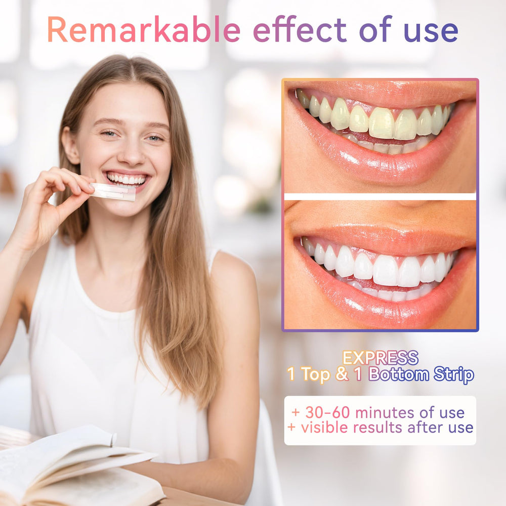 Strips applied to teeth showing gentle whitening action