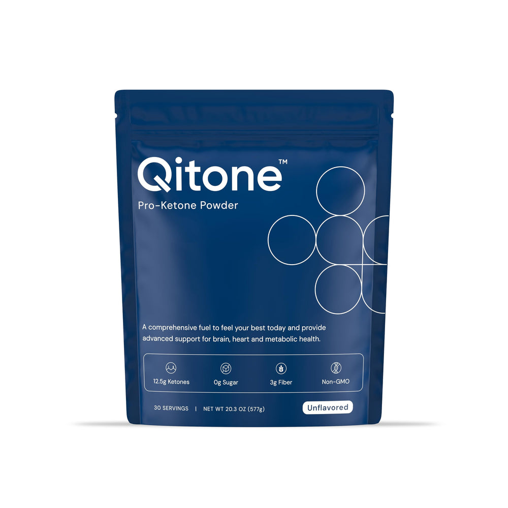 Qitone Pro Ketone Powder tub with scoop showing post-workout energy support.