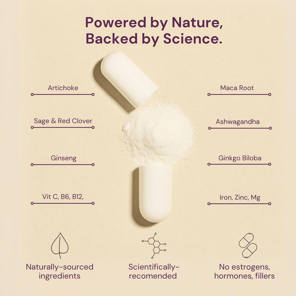 QSTA ingredient spread with red clover, lavender and maca illustrating natural blend