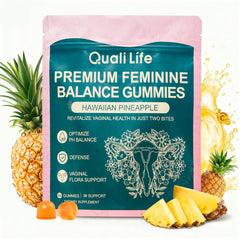 QualiLife Premium Feminine Balance Gummies bottle with pineapple flavor