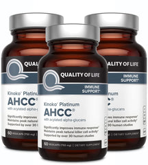Front view of Quality of Life AHCC Kinoko Platinum 750 mg Pack of 3 bottles (60-count each)