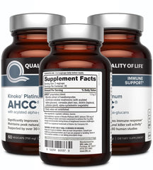 Pack label for Quality of Life AHCC Kinoko Platinum 750 mg 3-bottle pack