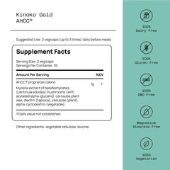 Kinoko Gold AHCC bottle – back label with supplement facts