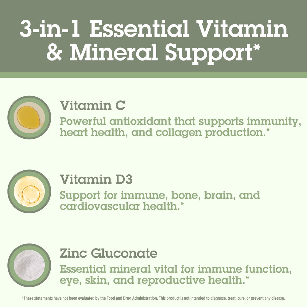 Illustration showing 3 essentials in one: Vitamin C, D3, and Zinc