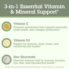 Illustration showing 3 essentials in one: Vitamin C, D3, and Zinc