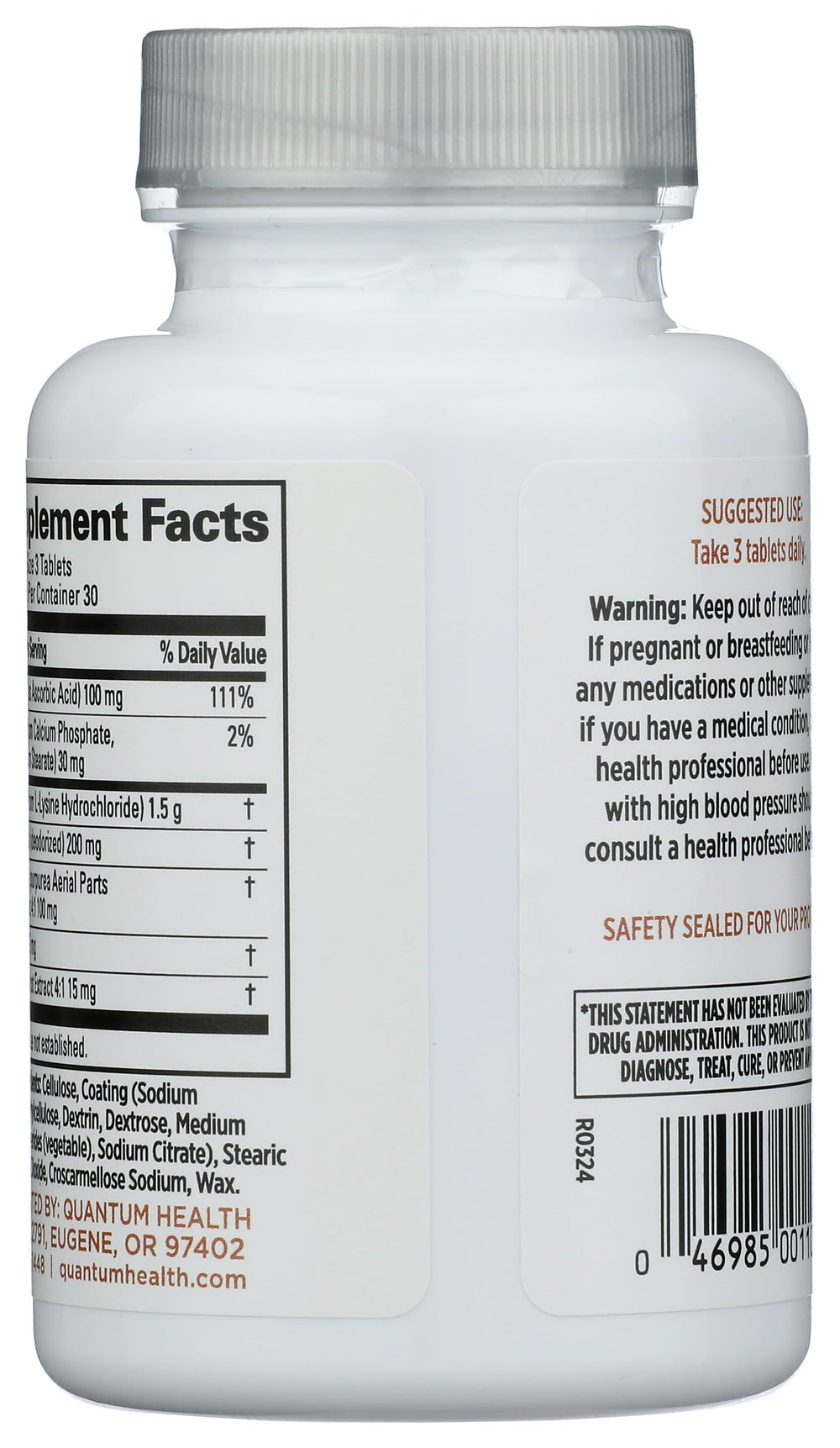 Back view of Quantum Research Super Lysine Tablet 0.93 lb packaging