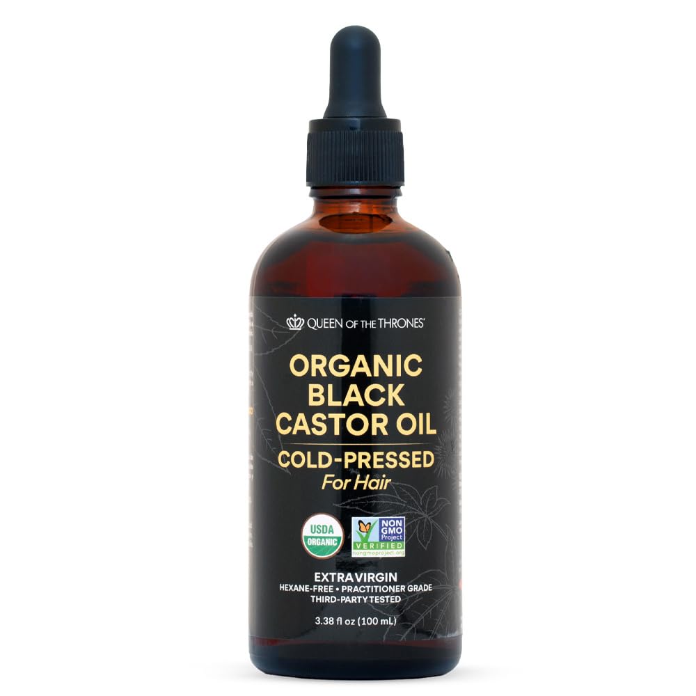 Queen of the Thrones Organic Black Castor Oil 100 mL in amber glass bottle with dropper
