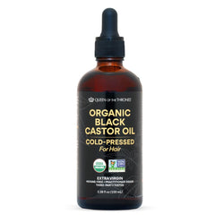Queen of the Thrones Organic Black Castor Oil 100 mL in amber glass bottle with dropper
