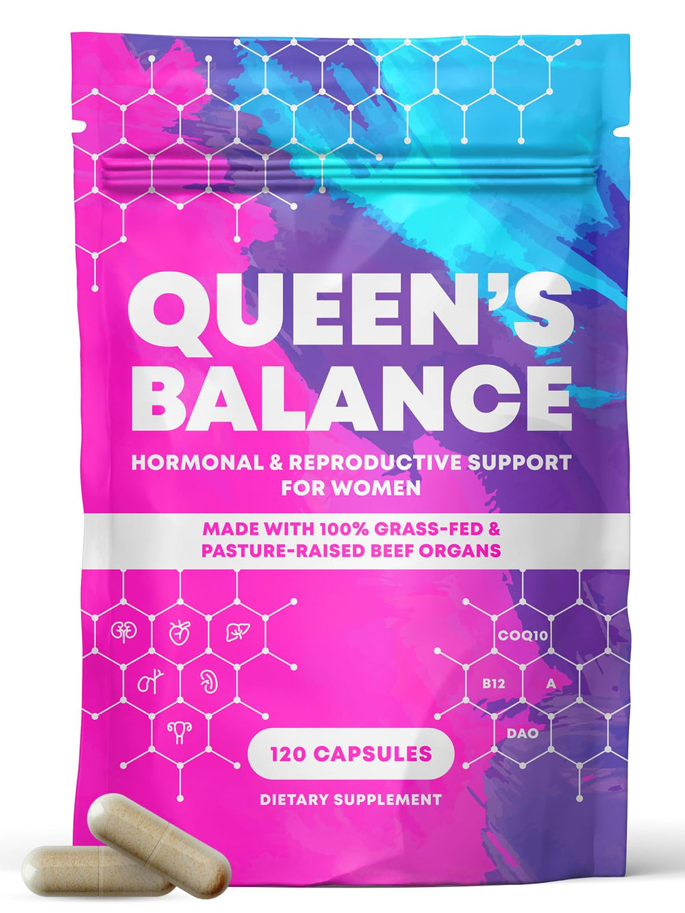 Queen’s Balance Beef Organ Supplement bottle and capsules