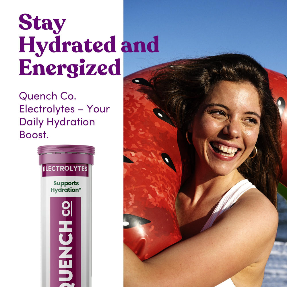 Quench Electrolyte Tablets fizzing in water for refreshing drink.