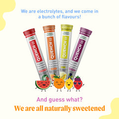 Quench Electrolyte Tablets Lemon tube close-up for crisp hydration.