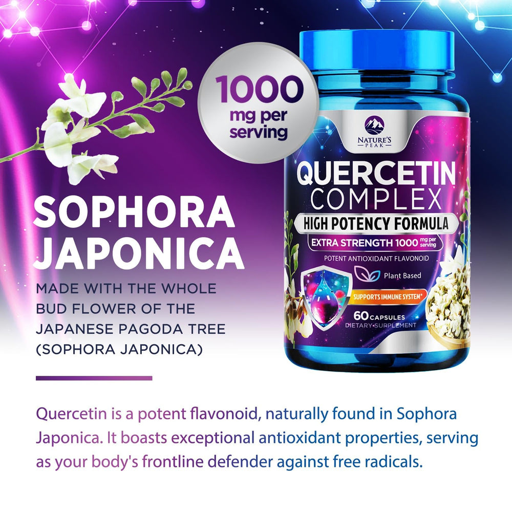 Supplement facts panel showing 1000mg quercetin per serving