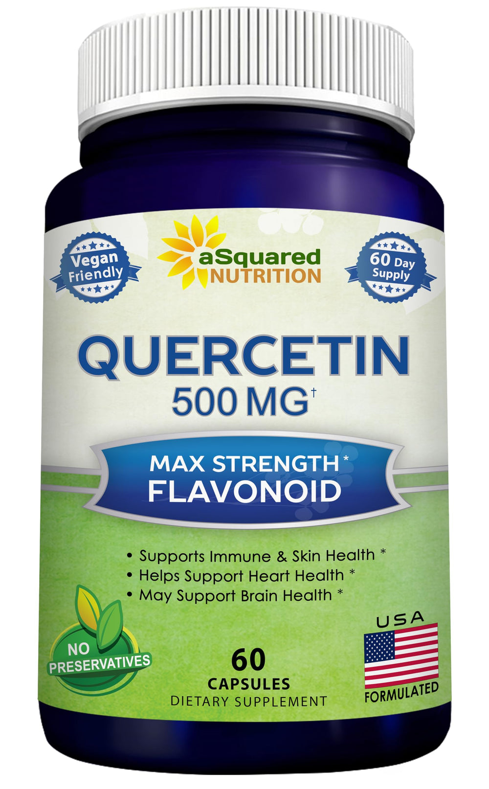 aSquared Nutrition Quercetin 500mg supplement bottle with 60 vegan capsules
