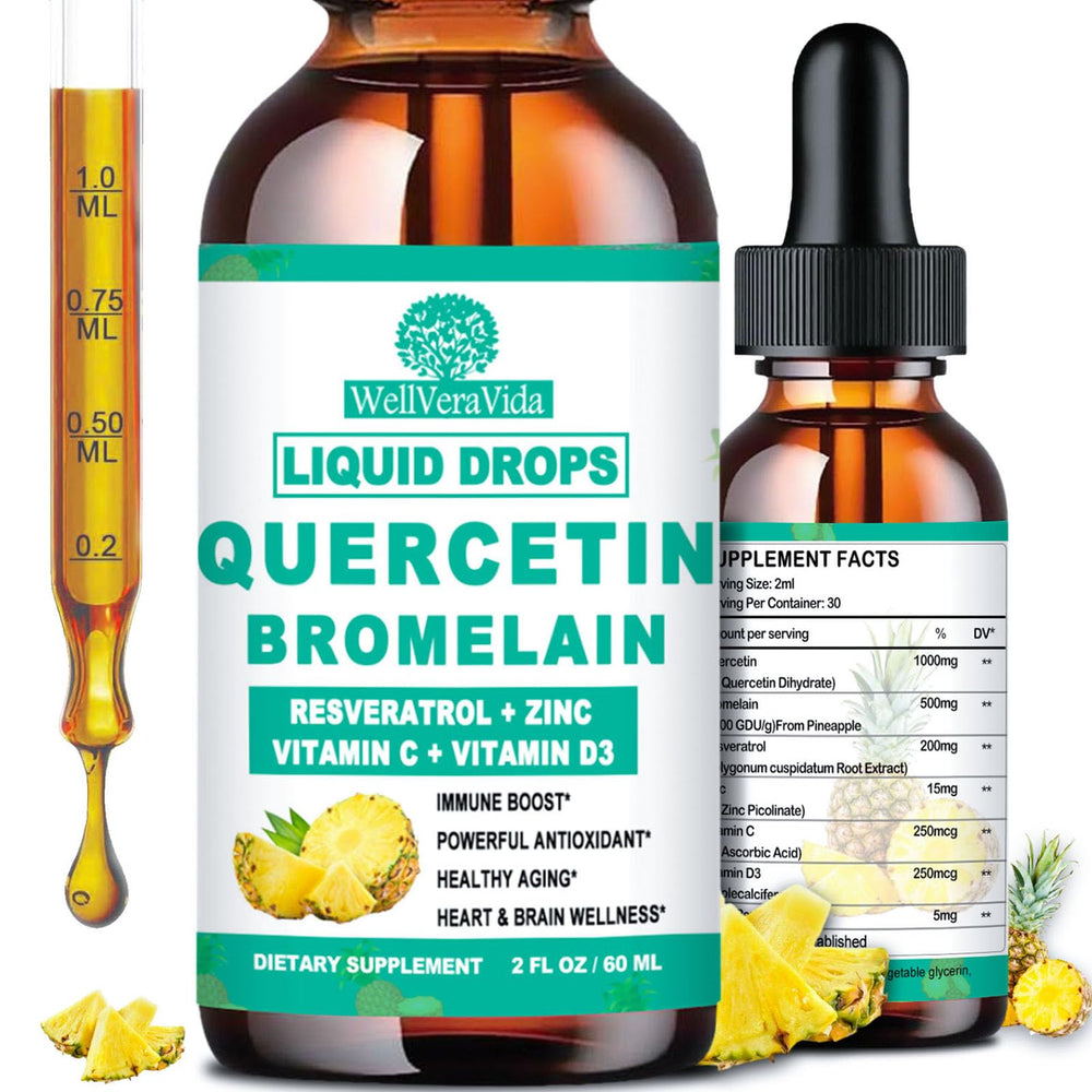 Bottle of quercetin bromelain liquid drops with 1000mg quercetin and 500mg bromelain
