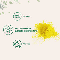 Label on quercetin dihydrate powder bottle highlighting 100g, vegan and filler-free.