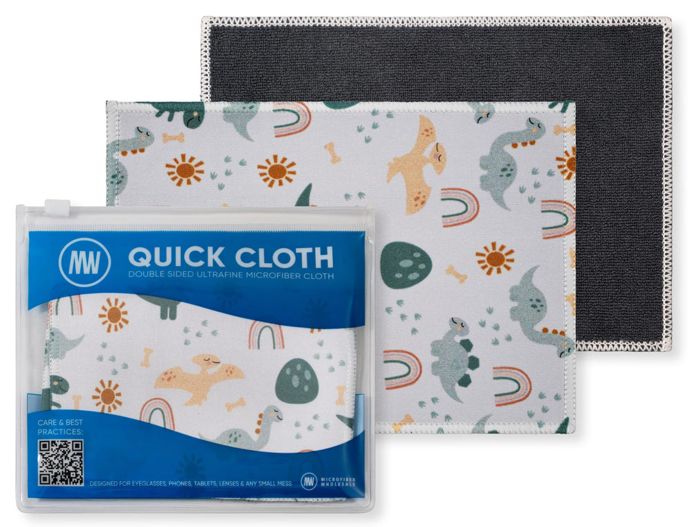 Front view of Quick Cloths microfiber glasses cleaning cloths with dinosaurs design