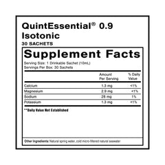 Close-up of QuintEssential 0.9 isotonic mineral sachets